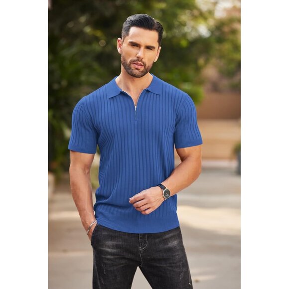 Men's Zipper Polo Shirts Short Sleeve Ribbed Knit Polo T Shirts Blue - Picture 3 of 7